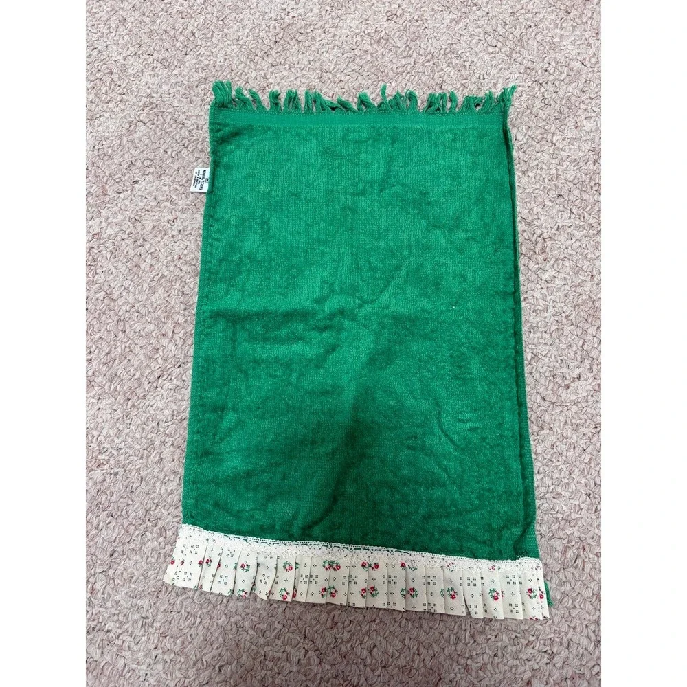 Green vintage royal Terry hand towel with flower fringe